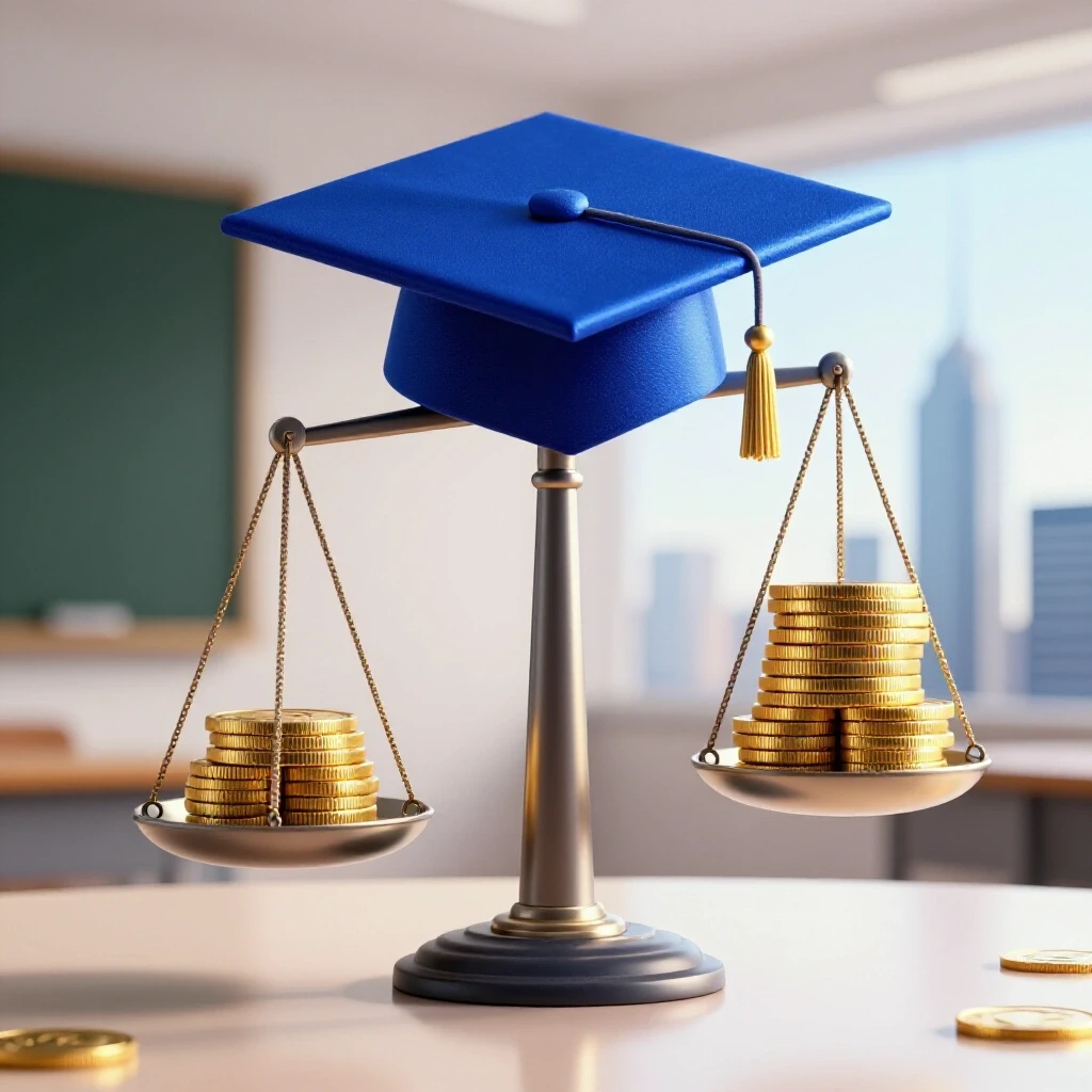 Dynamic balance scale with a glowing graduation cap and stacks of gold coins set between a classroom and city skyline.