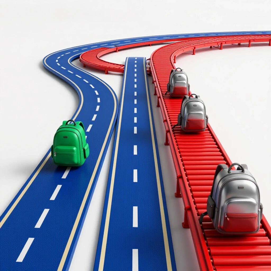 Split path with student backpacks on a winding road and a conveyor belt showing pace and progress contrast.