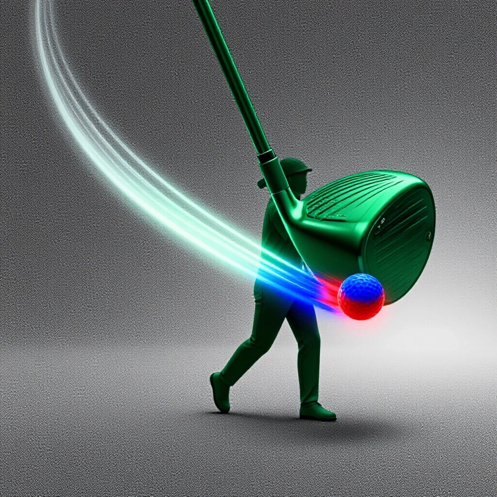 Glossy driver striking a golf ball with a glowing arc trajectory against a bright white background