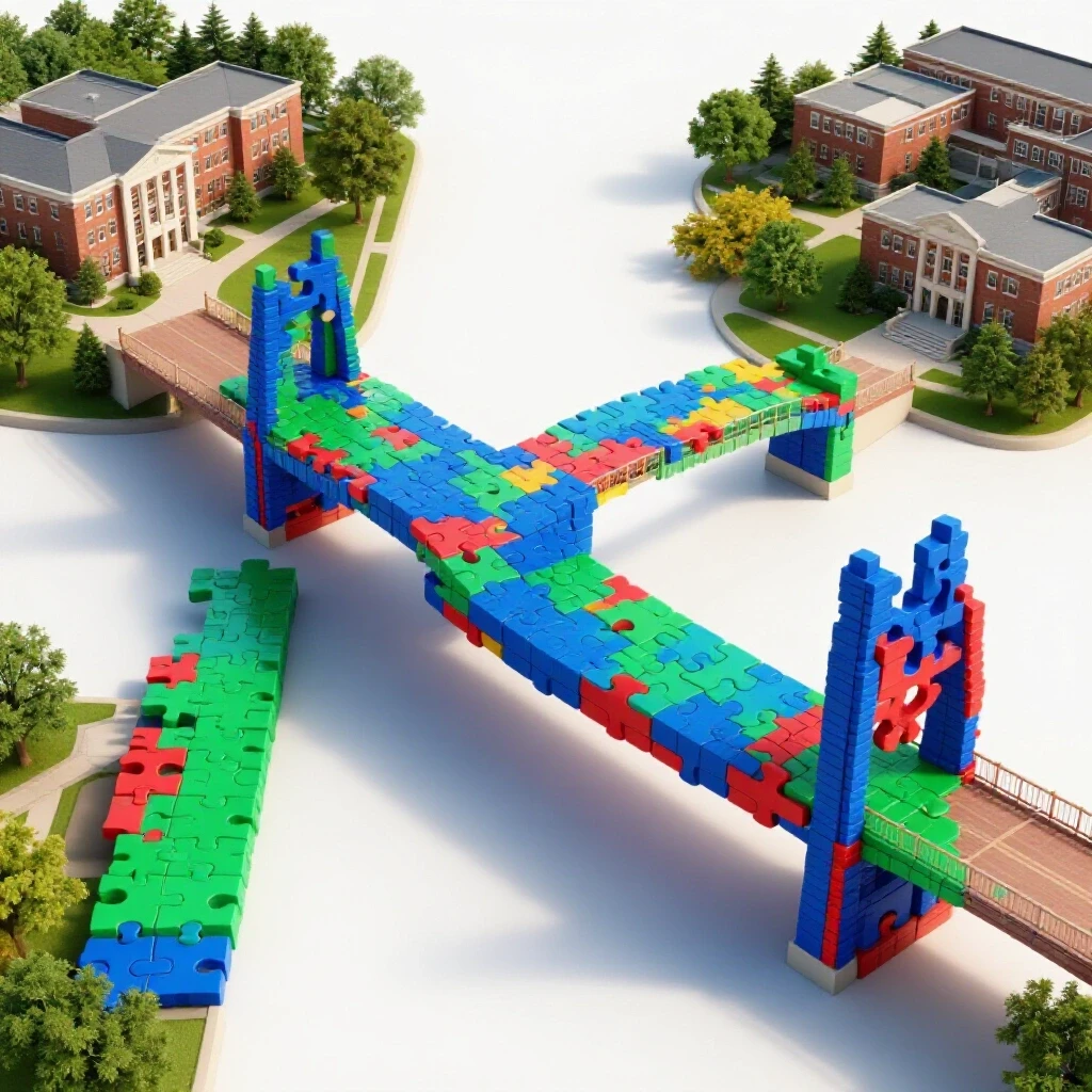 Puzzle piece bridge connects two contrasting campus environments, symbolizing educational transition.