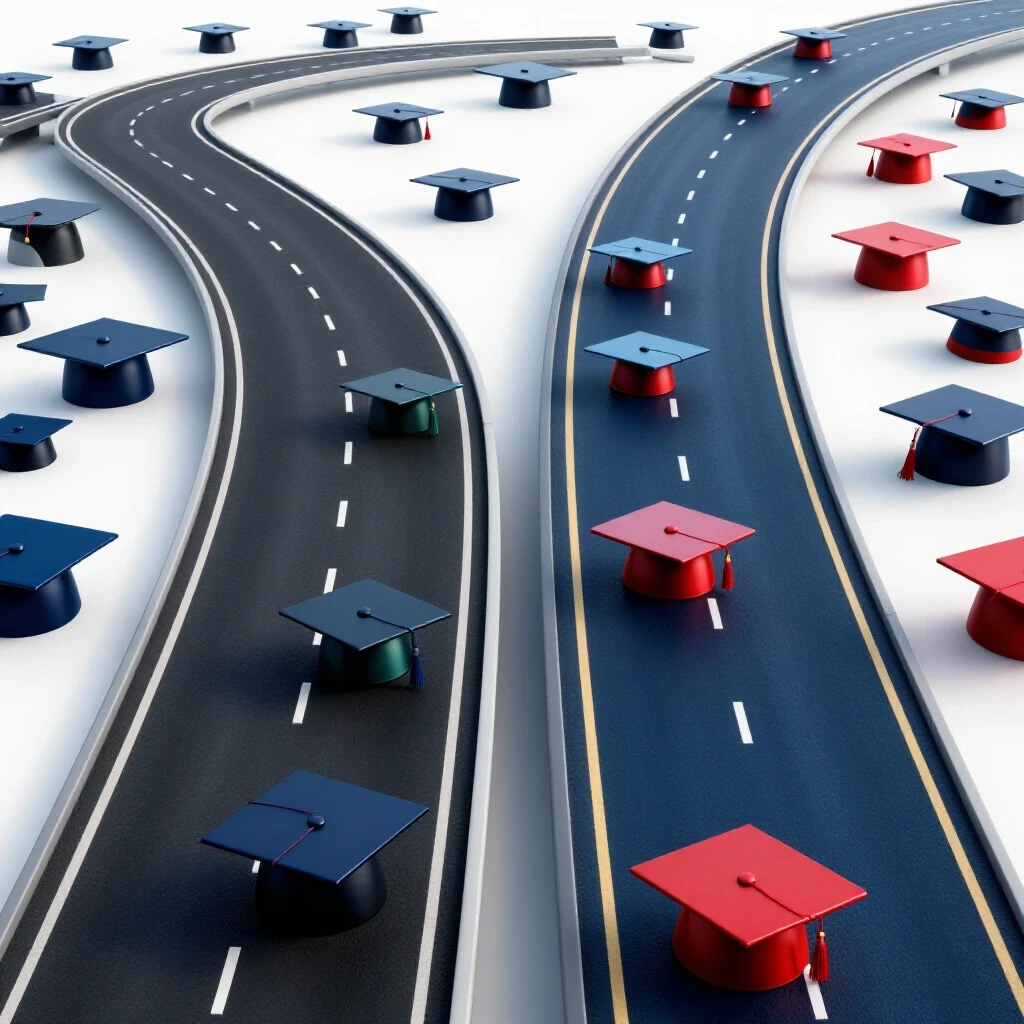 A split highway with winding and straight lanes, each lined with colorful graduation caps on a bright background.