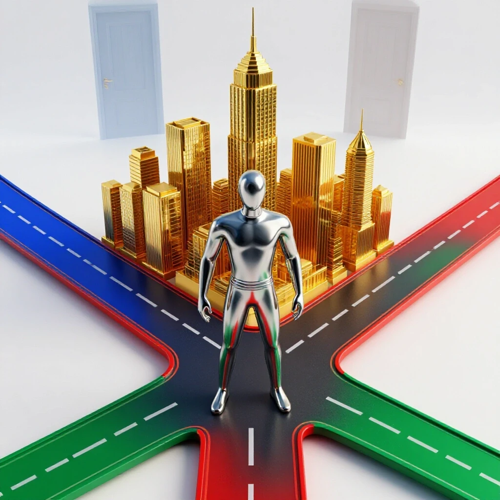 A metallic figure stands at a crossroads, one path leading to a glowing gold city skyline, another into shadows.