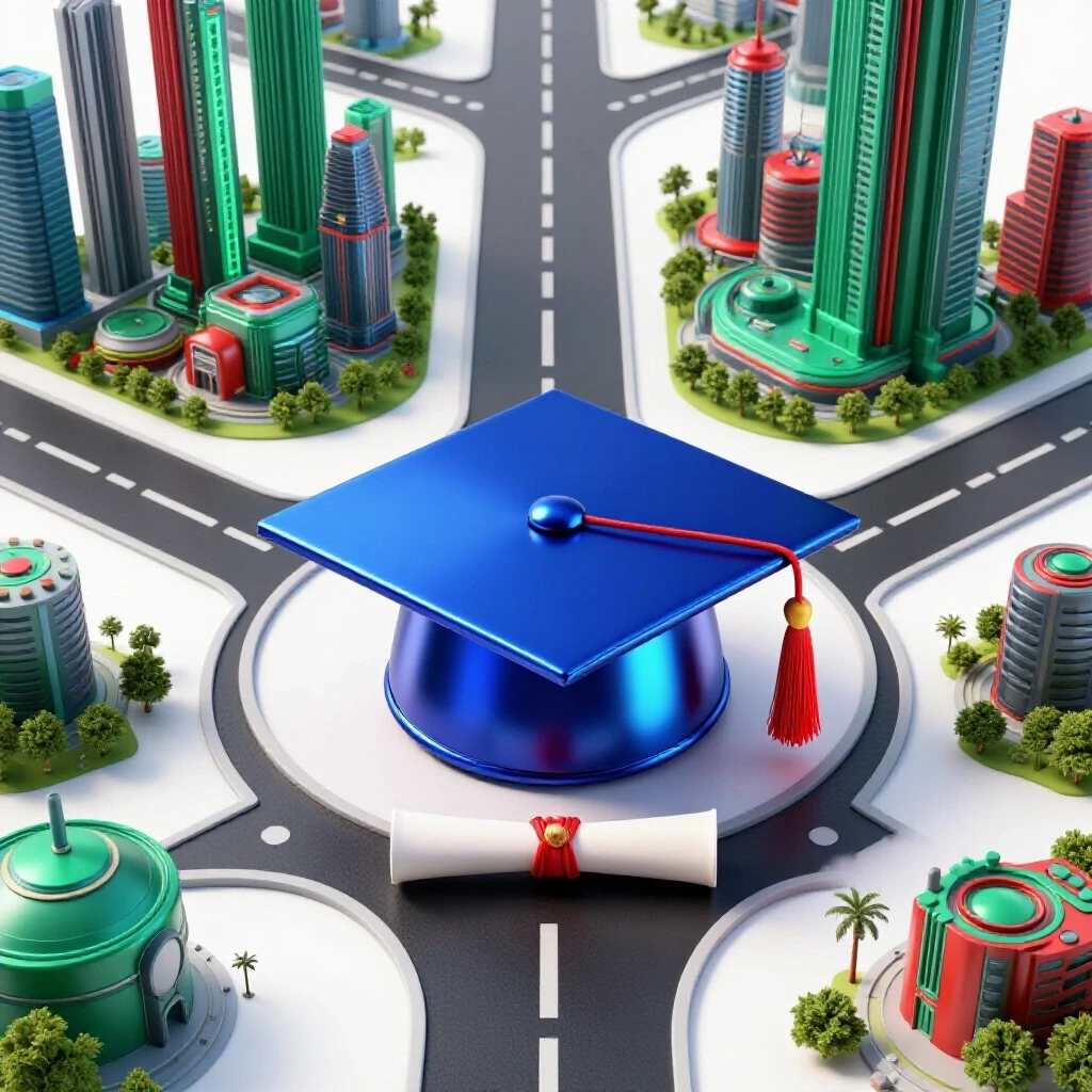 Graduation cap and diploma at a crossroads with futuristic cityscapes and industry symbols in the distance