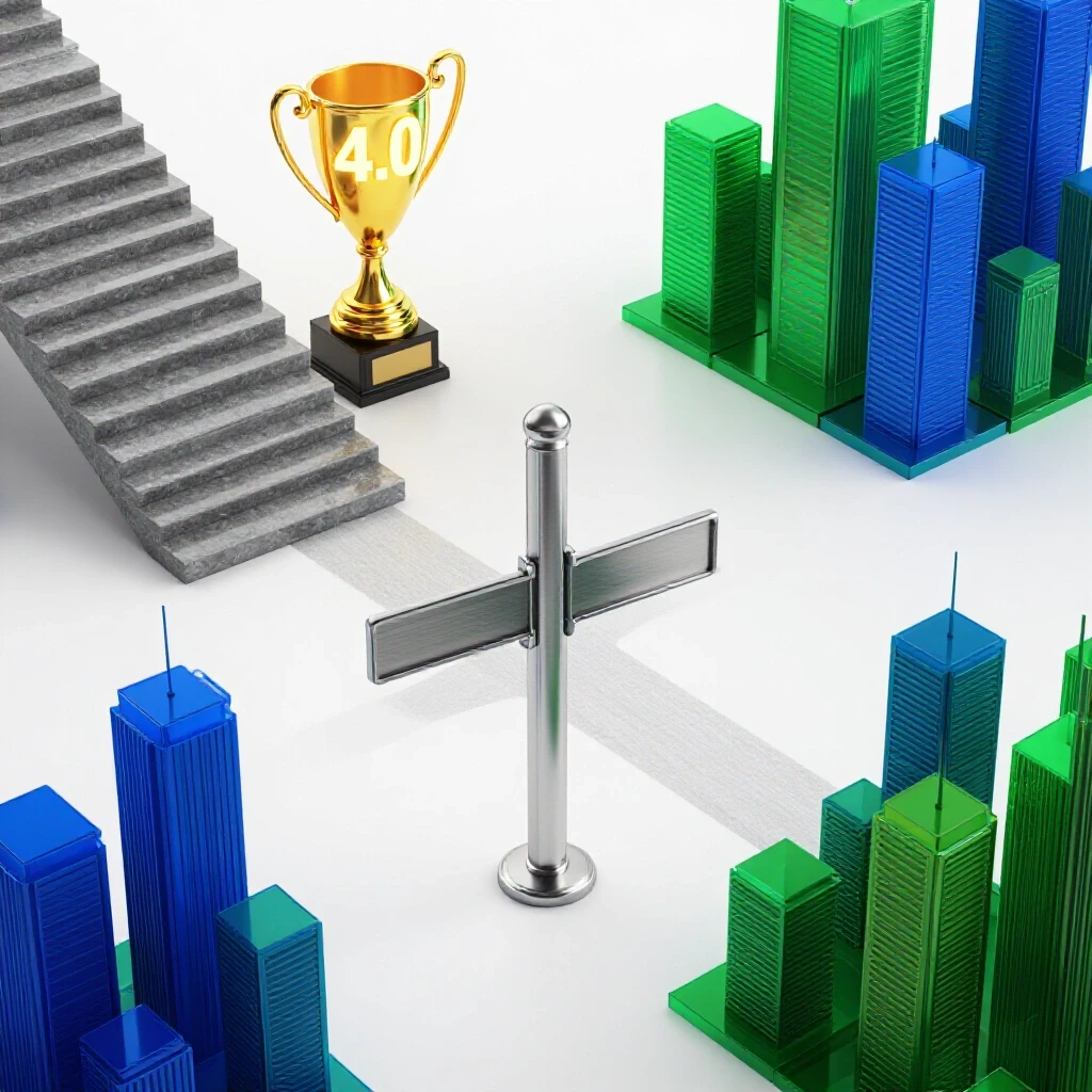 A crossroads with a glittering 4.0 GPA trophy atop a staircase beside a vivid city of career opportunities.