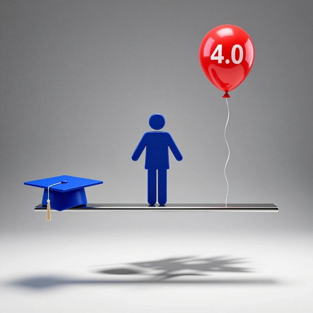Student icon balancing on a narrow beam between a blue graduation cap and a red balloon marked 4.0 above a shadowy uncertain landscape.