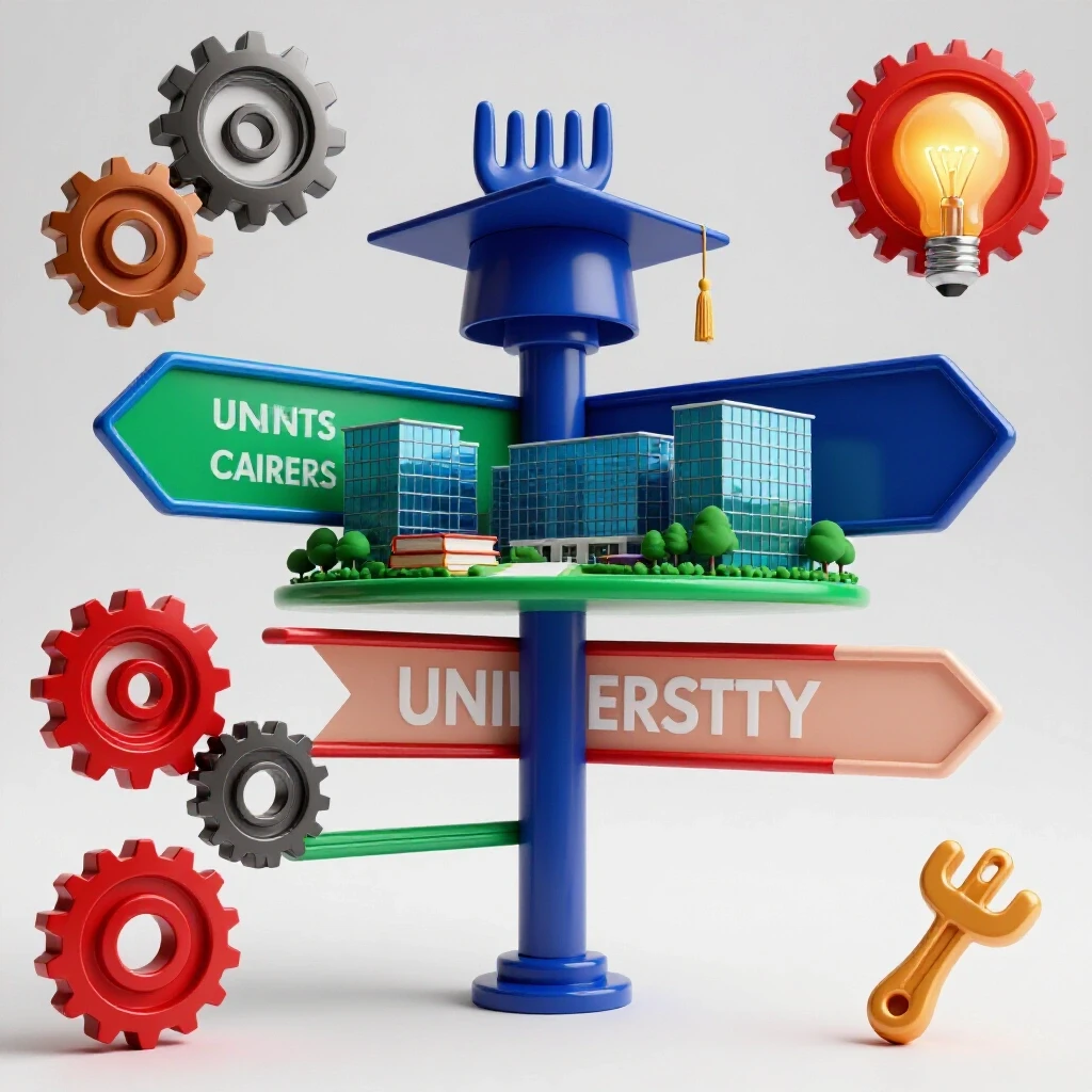A crossroads with vibrant university symbols on one side and alternative career icons on the other, set on a bright background.