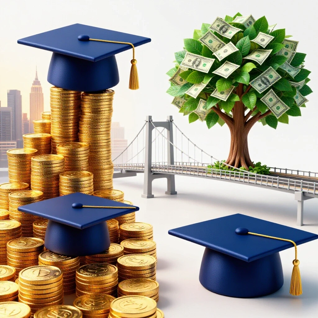 Split scene with gold coin staircase to city and bridge to money tree, symbolizing degree ROI paths.
