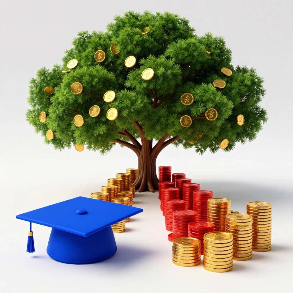 Split pathway scene with glowing graduation cap leading to a tree of coins, and certification badges transforming into golden stacks, all on a bright studio background.