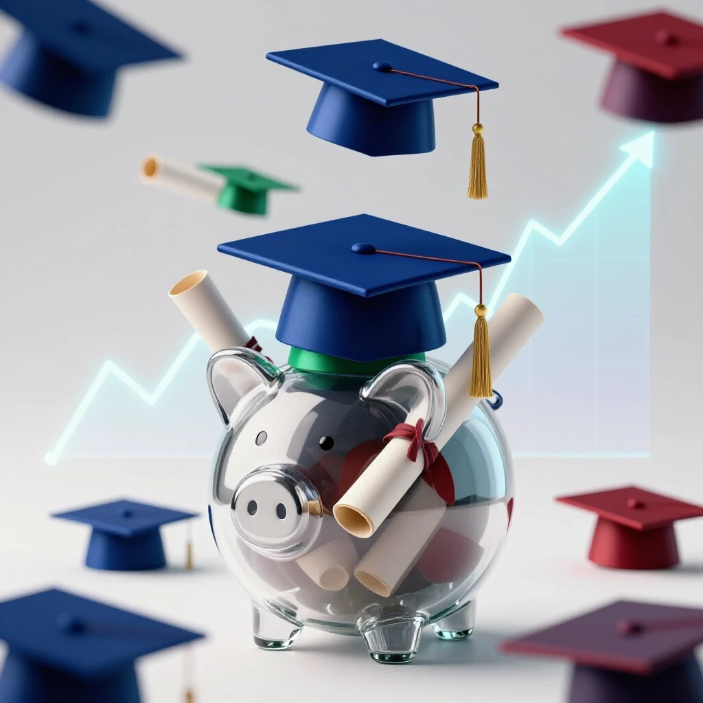 A clear glass piggy bank filled with colorful graduation caps and diplomas, set against glowing financial graphs.