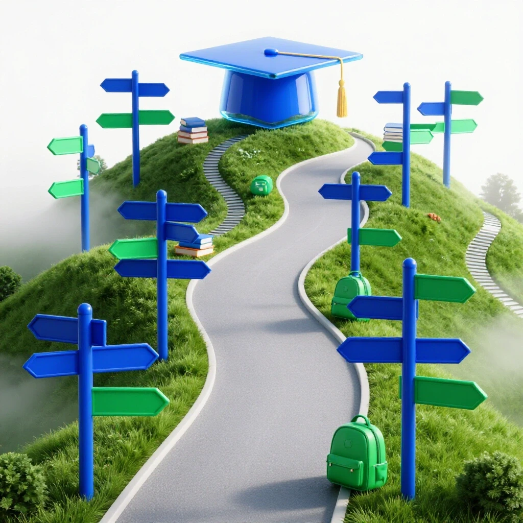 Uphill winding path with academic milestones and graduation cap at the summit against a bright background