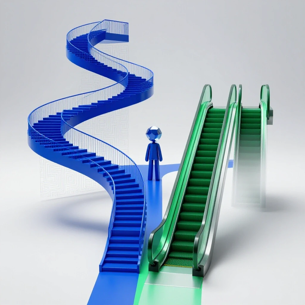 Central crossroads with a deep blue winding staircase and emerald green escalator symbolizing A-Levels versus Associate Degree, set in a bright, clear studio environment with an abstract geometric figure deciding between the two paths.