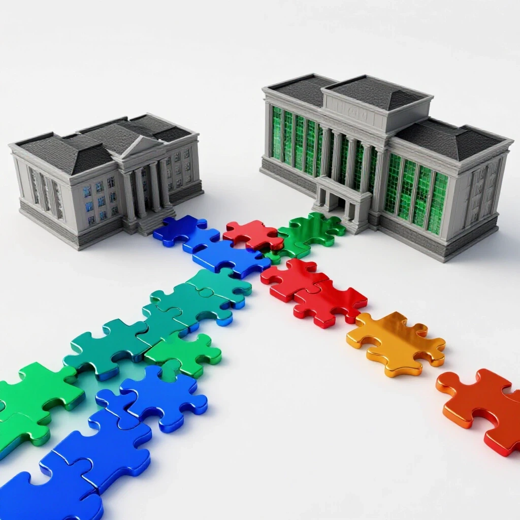 Branching paths with connecting and scattered puzzle pieces between academic buildings on a white background
