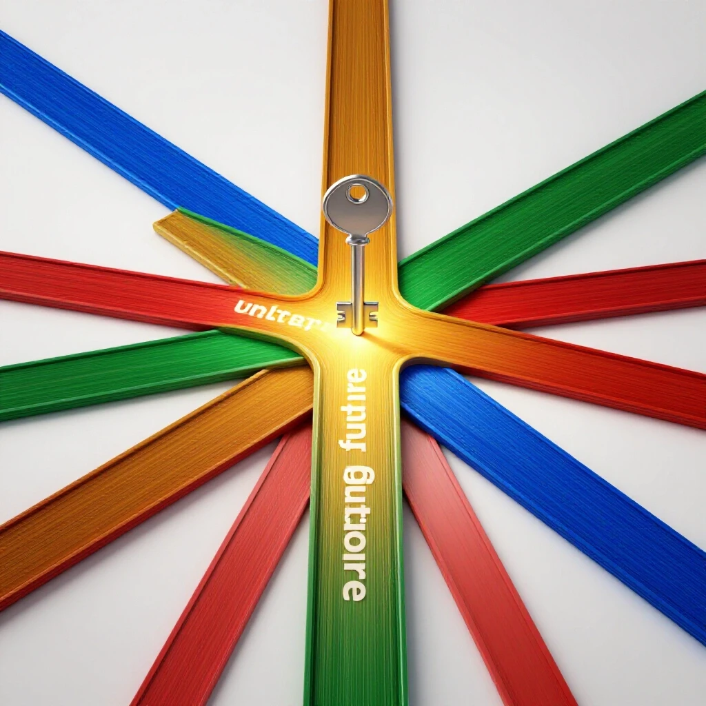 A metallic key at a crossroads of vibrant colored paths, one brightly illuminated, symbolizing career choices and new opportunities.