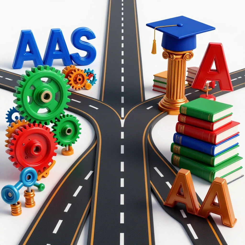 Two diverging roads, one leading to vibrant tools and gears, the other to academic symbols like books and a graduation cap.