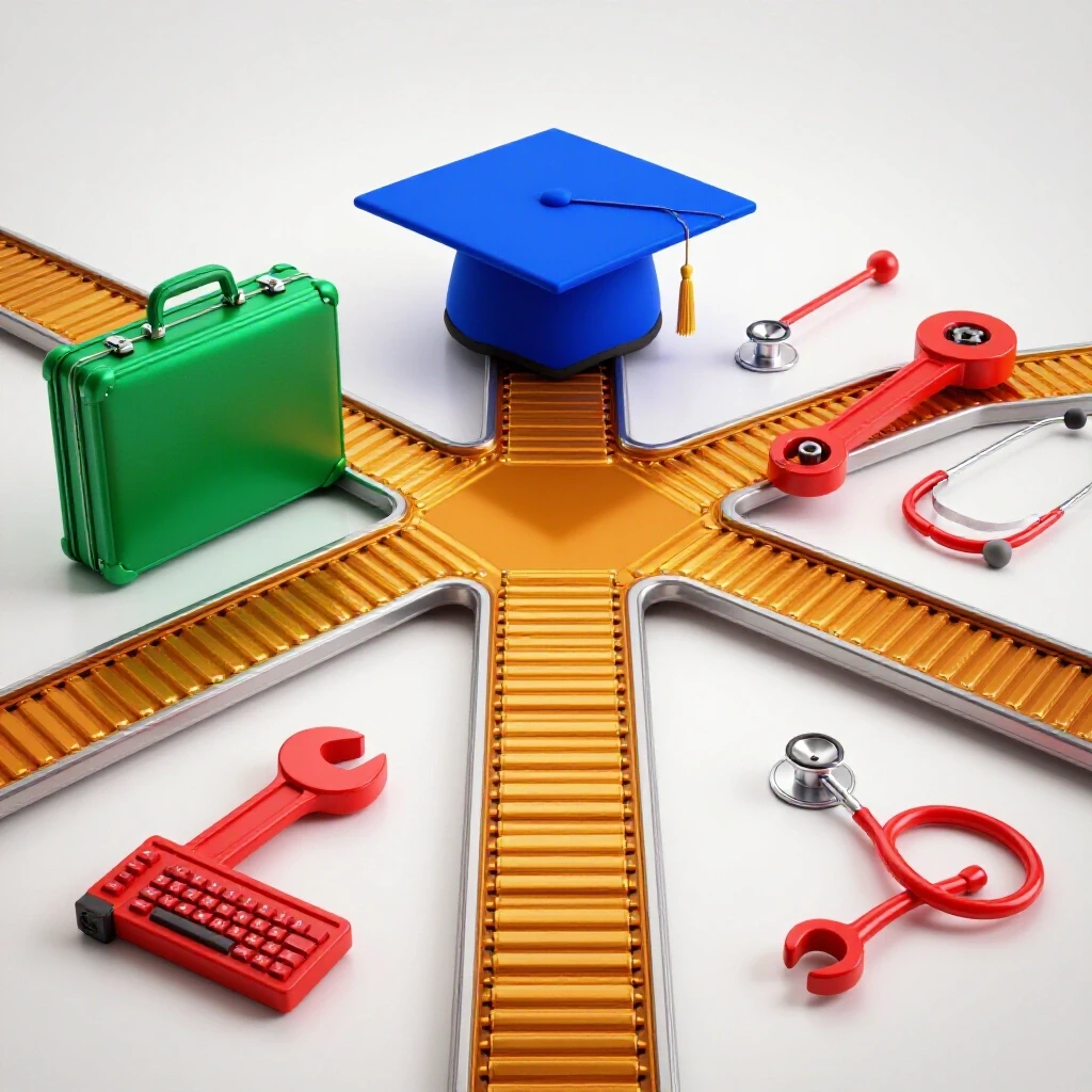 Colorful crossroads with a graduation cap and briefcase on one path, tools and conveyor belt on the other, symbolizing academic and skill-based career choices.