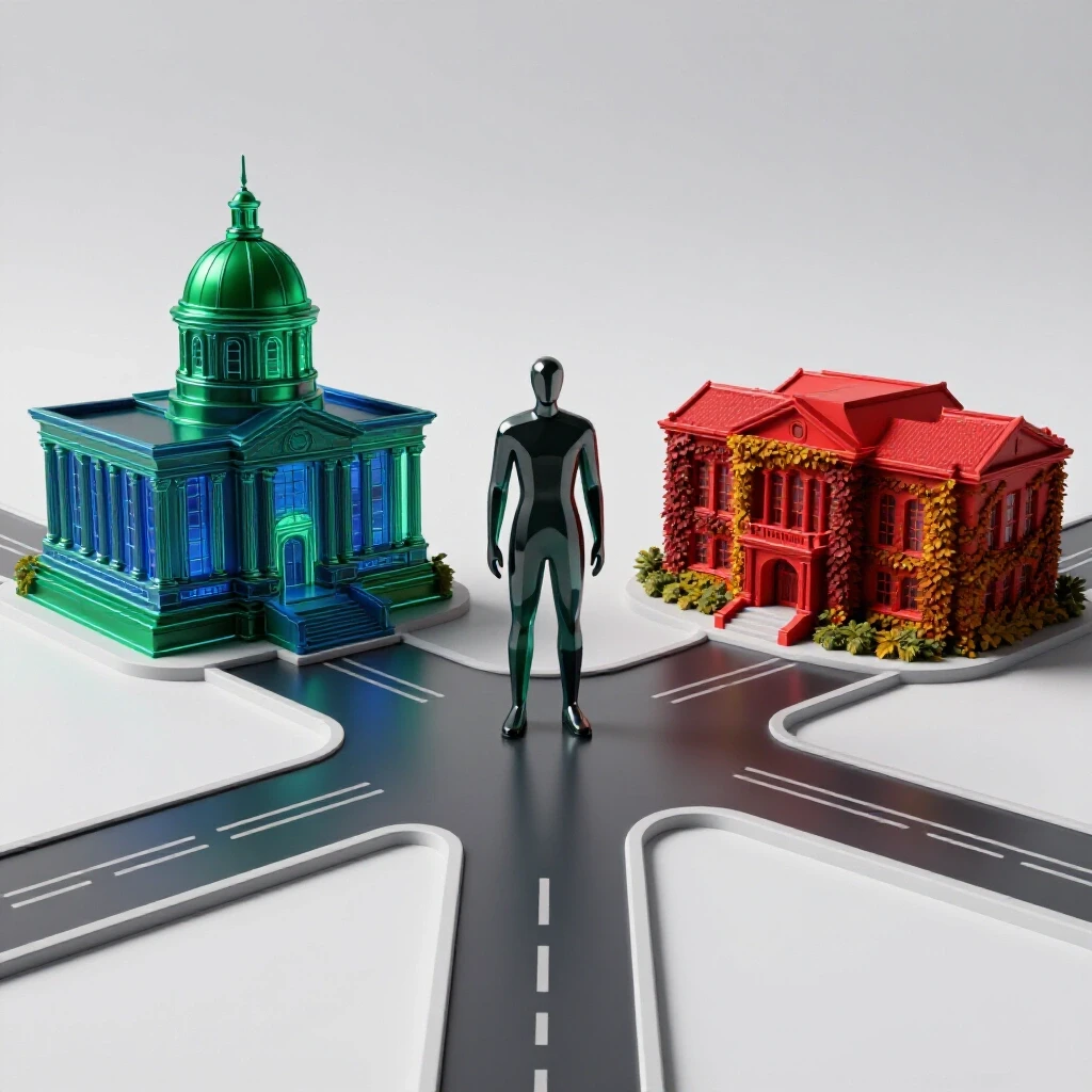 An abstract figure stands at the center of a luminous crossroads, with one path leading to a glowing courthouse and the other to an ivy-covered traditional campus, both rendered in bold, rich colors on a bright background.