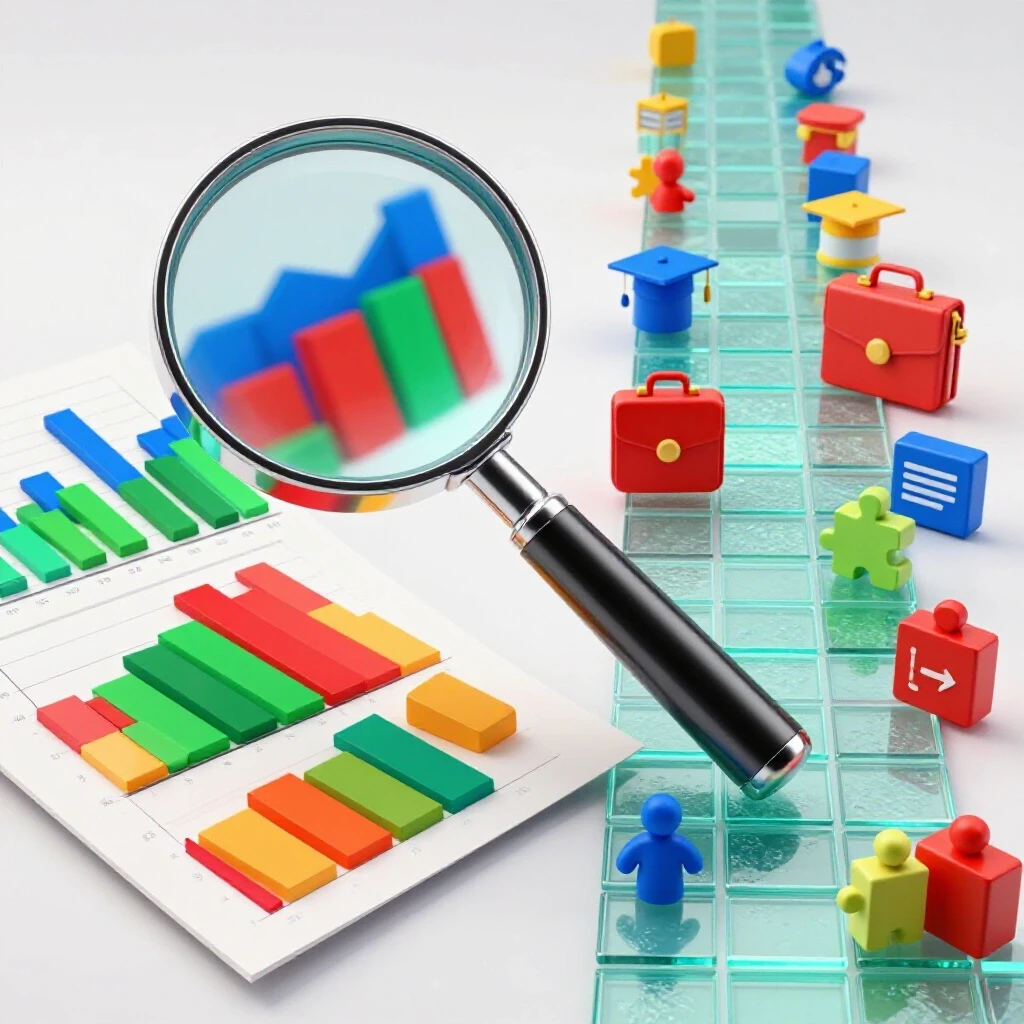 Split 3D scene with a magnifying glass over colorful data charts beside a pathway lined with vibrant career icons.