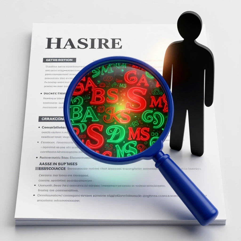 Resume under a magnifying glass held by a silhouetted HR figure, spotlight on cryptic degree symbols