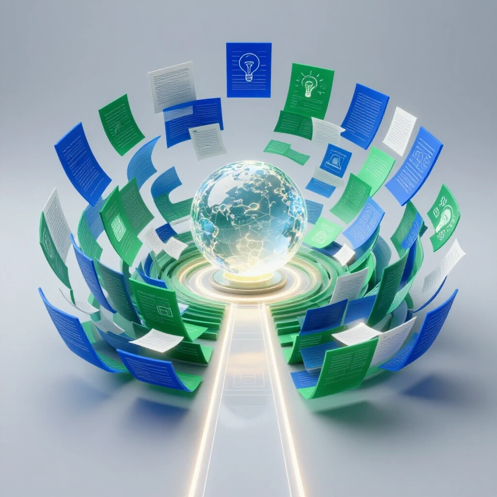 Crystallized summary orb at center with floating blue and green papers and glowing path on bright background
