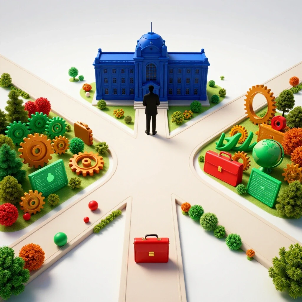 Bright studio scene of a crossroads with campus and career symbols, highlighting academic choices and guidance.