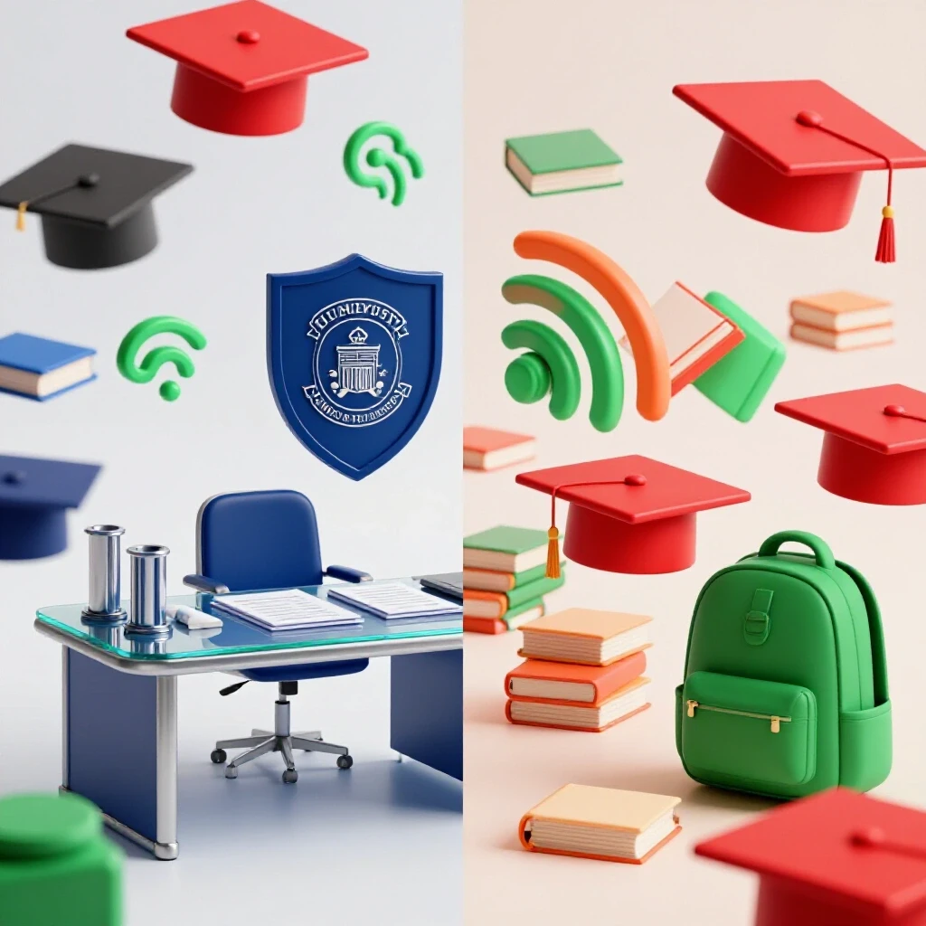 Split scene with academic office symbols on one side and vibrant campus life objects on the other, on a bright background.