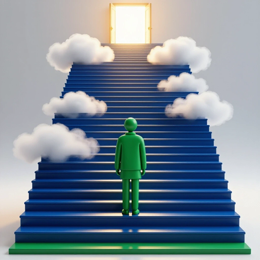A symbolic student stands at the base of a vibrant staircase ascending through clouds toward a glowing doorway.