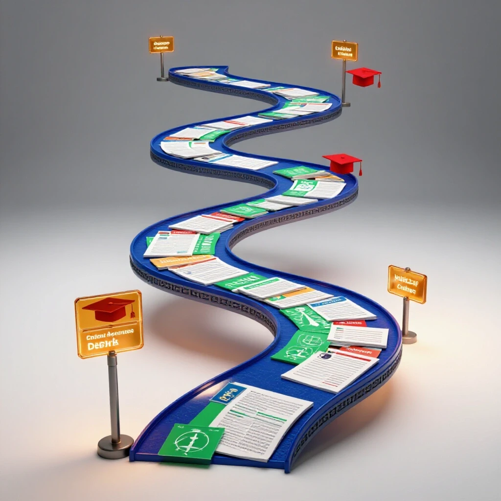 A winding path of floating course documents and icons with illuminated signposts, set on a bright white background.