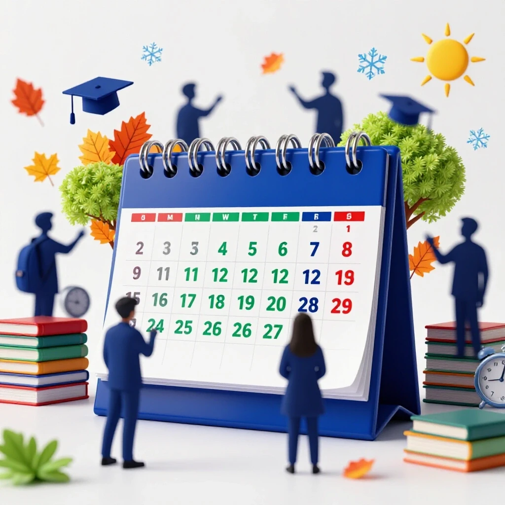 Oversized desk calendar with highlighted dates, student-themed objects in motion, and seasonal elements on a bright background.