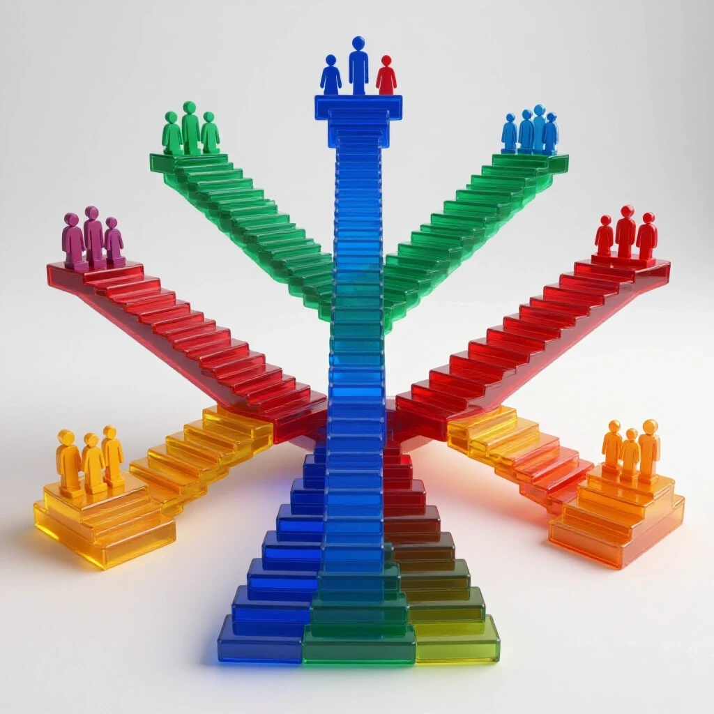 Vivid, multi-colored translucent steps branching in several directions, glowing atop a bright, white background, symbolizing diverse academic paths.