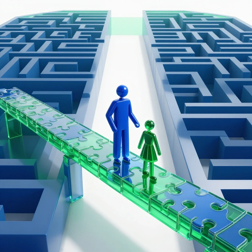 Glowing puzzle piece bridge connects a maze-like path to a bright horizon, symbolizing academic guidance and transformation.