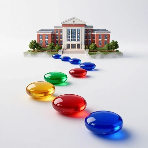 Glowing, richly colored stones floating over a misty gap toward a luminous college campus background.