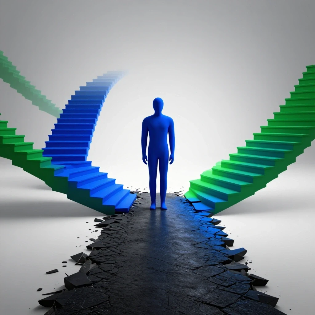 Abstract figure stands where a broken dark path turns into a bright staircase, symbolizing academic recovery.