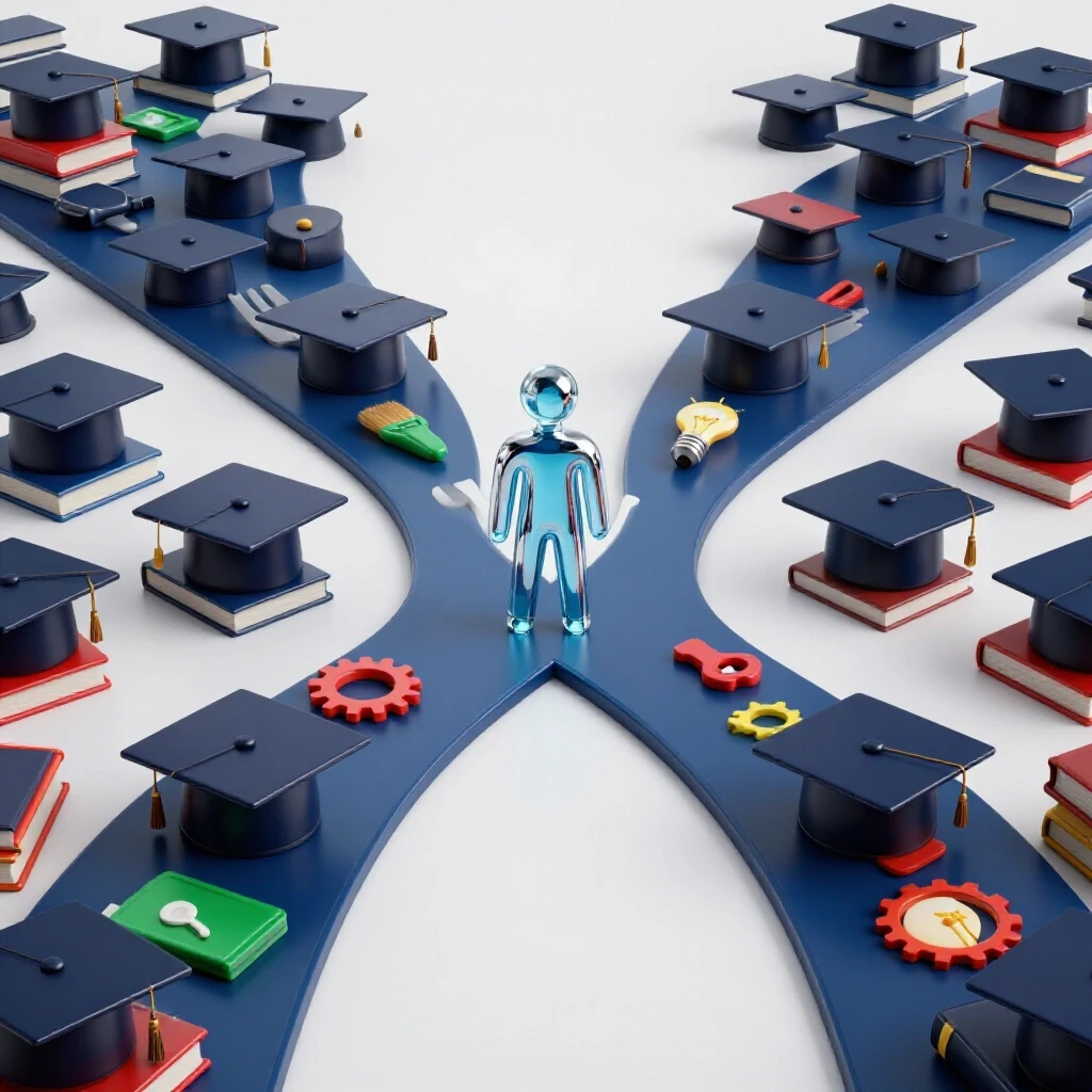 A forked pathway with books and graduation caps on one side, creative tools and symbols on the other, centered abstract figure deciding between the two, bright modern style.