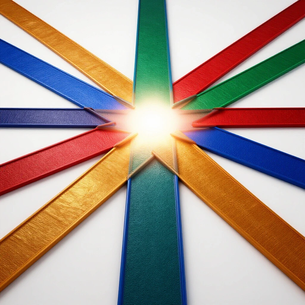Multiple colorful, textured pathways converge at a central crossroads leading to a bright horizon, symbolizing academic equivalency challenges and clarity.