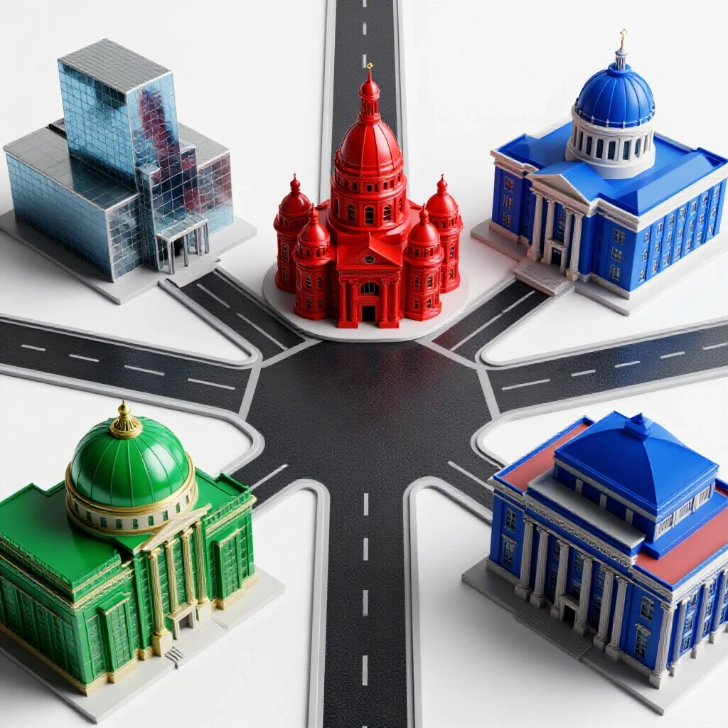 A brightly lit crossroads with four vibrant academic buildings, each showcasing a unique architectural style, symbolizing diverse college choices.