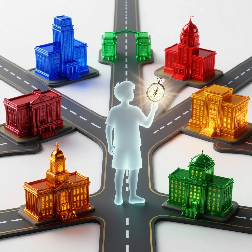 A student figure at a crossroads examines a glowing compass, surrounded by vibrant academic buildings glowing in unique colors.