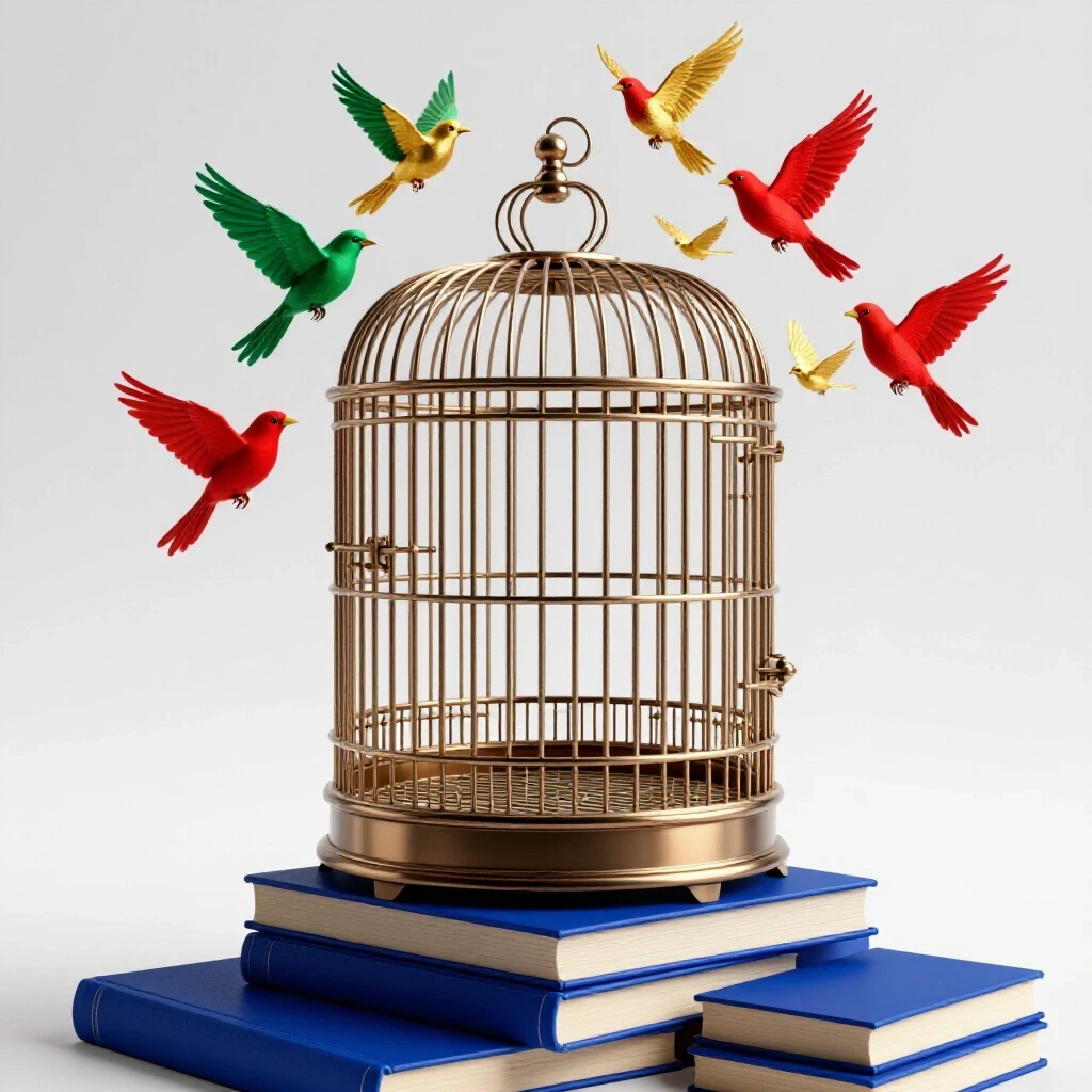 Glossy open birdcage atop blue books with colorful birds flying into a bright sky, symbolizing released ideas.