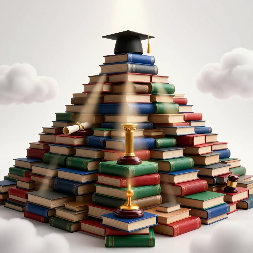 Colorful book pyramid staircase leading into clouds, each level spotlit with distinct academic symbols.