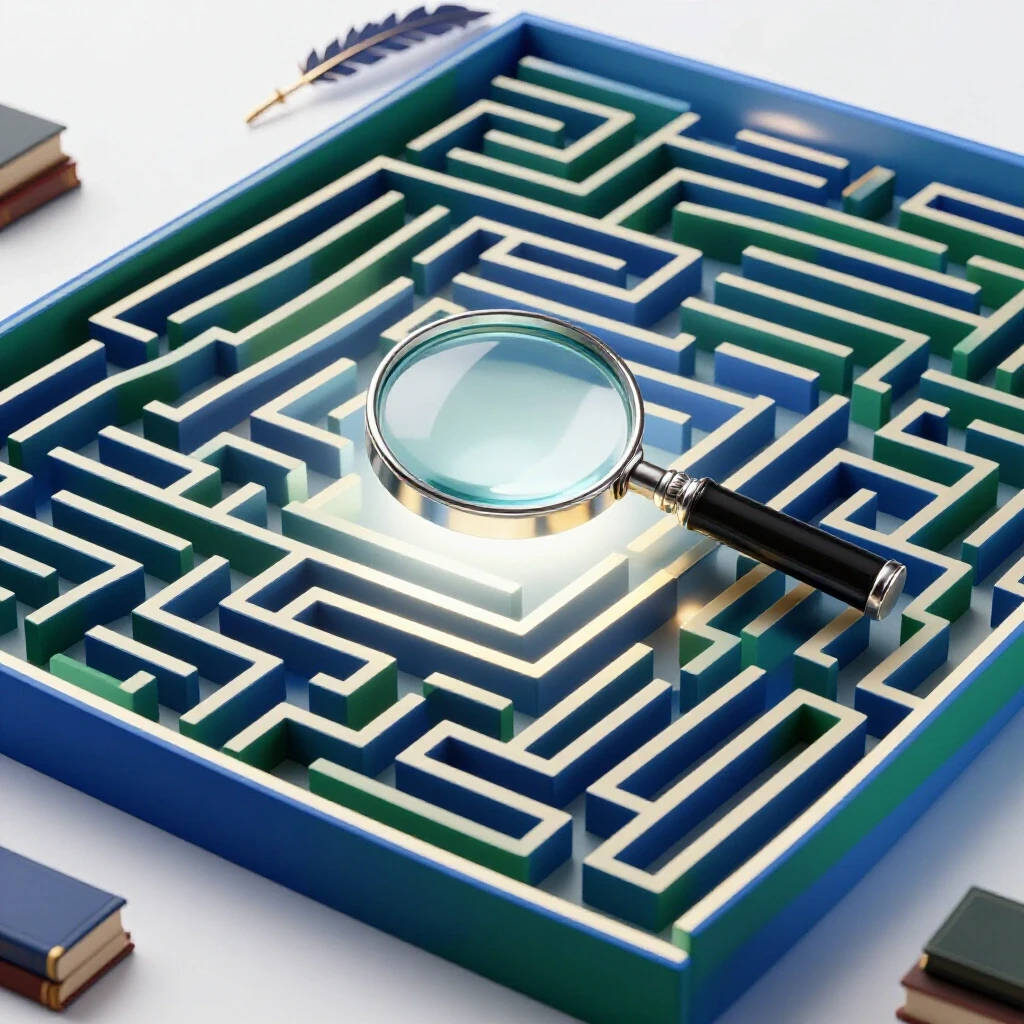 Magnifying glass illuminating the clear center of a deep blue and green maze on a bright white background