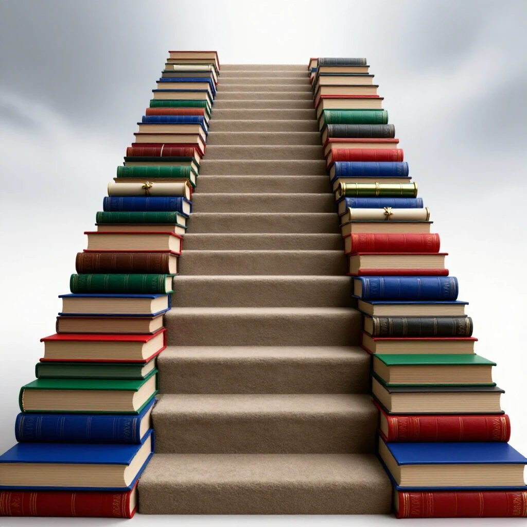 A staircase of colorful books transitions into diploma scrolls, ascending into a misty bright sky.
