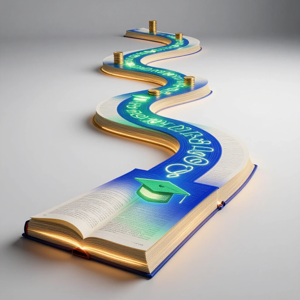 A winding path of glowing ledger pages with vibrant milestones on a white illuminated background.