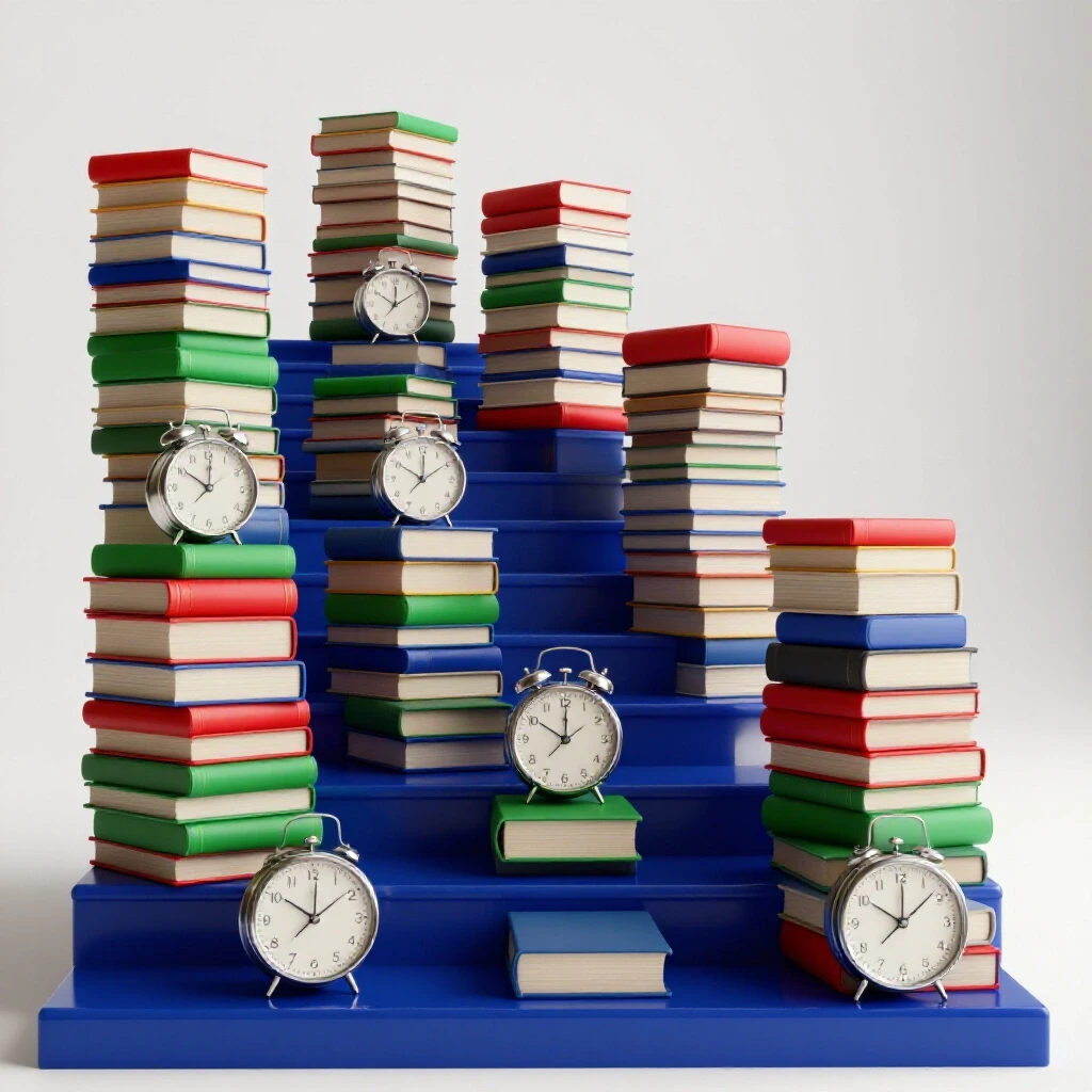 Stacked colorful books and metallic clocks balanced on a glossy staircase, symbolizing academic planning and time management.