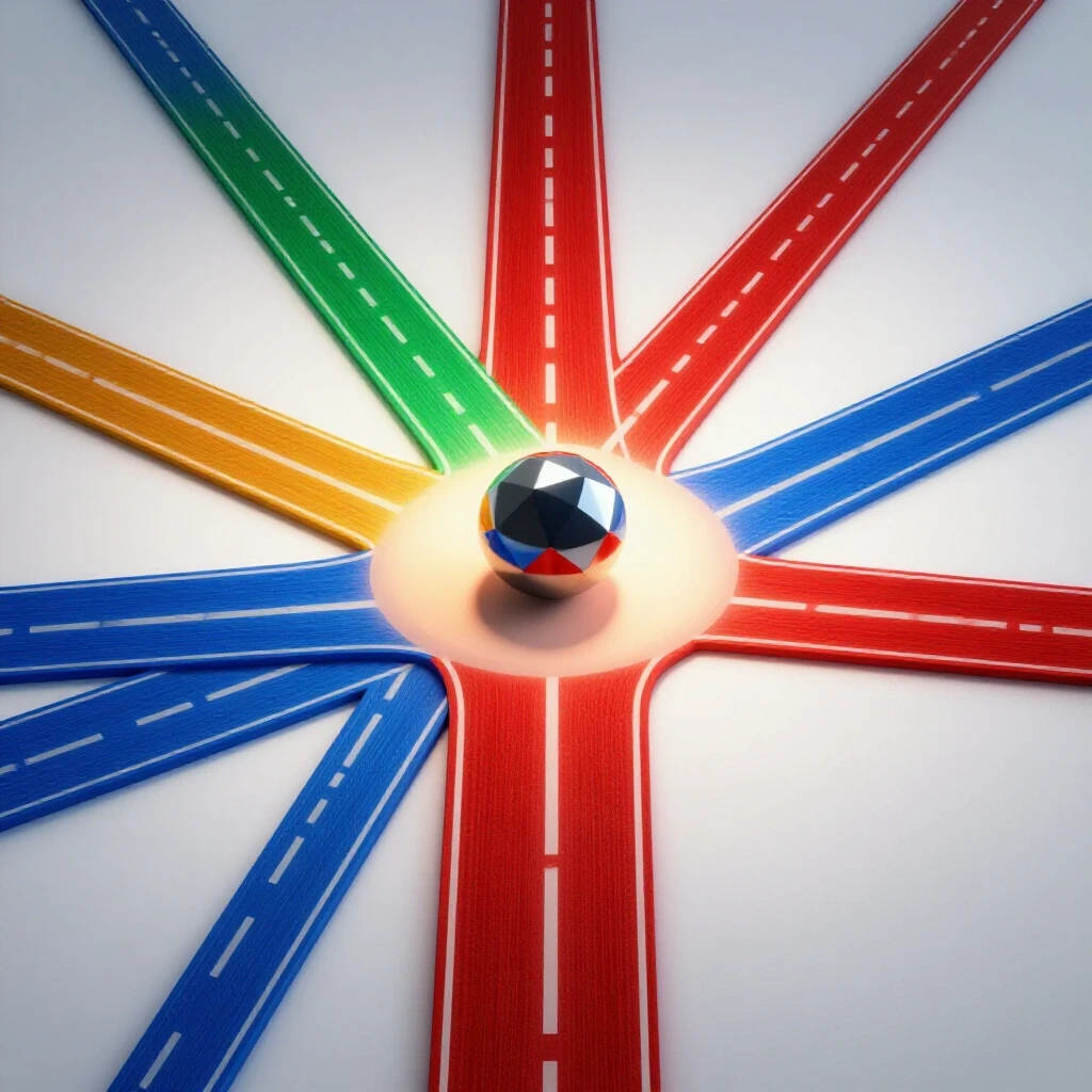 Colorful crossroads with vibrant paths and an abstract central figure reflecting academic choices