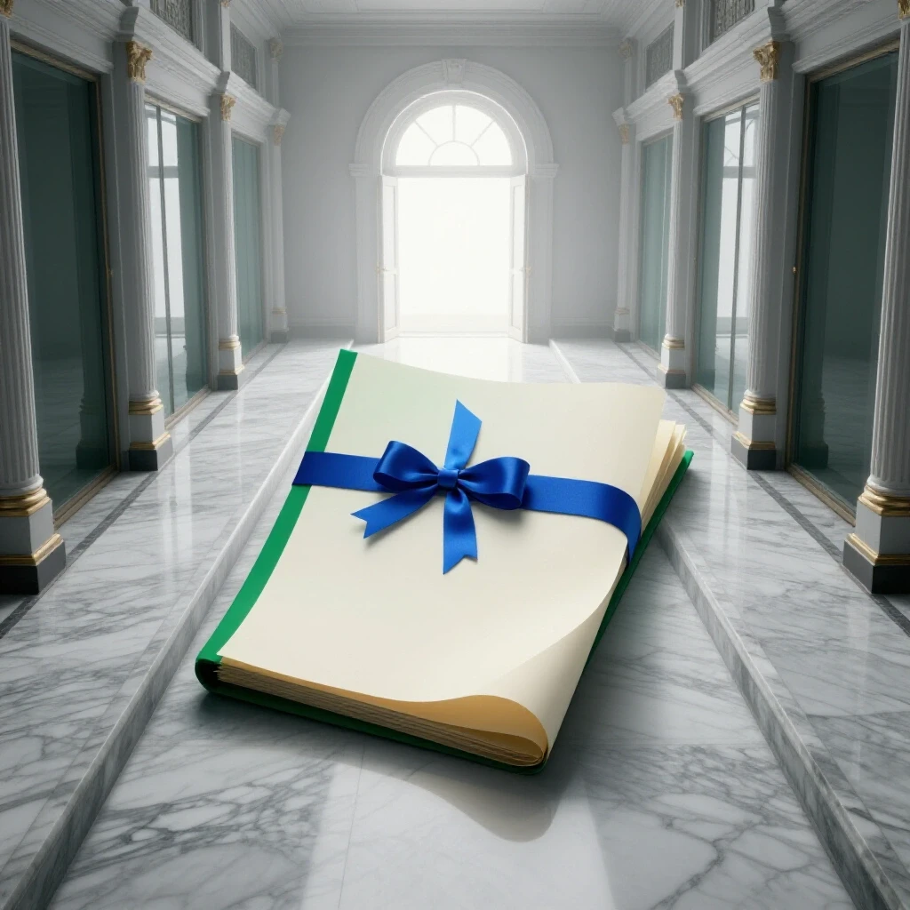 A grand academic hallway with a large rolled document at a crossroads, one path lit, another fading into shadow.