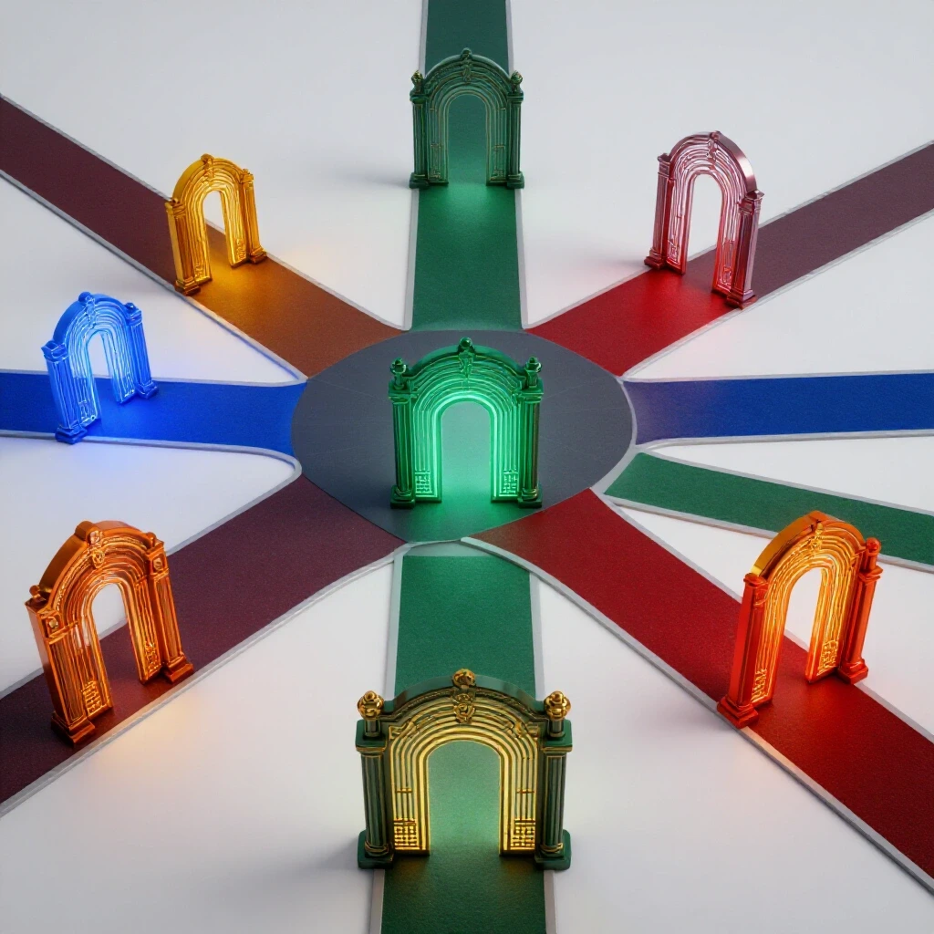 Vivid central crossroads with dramatic colorful gates on bright background symbolizing academic policy choices