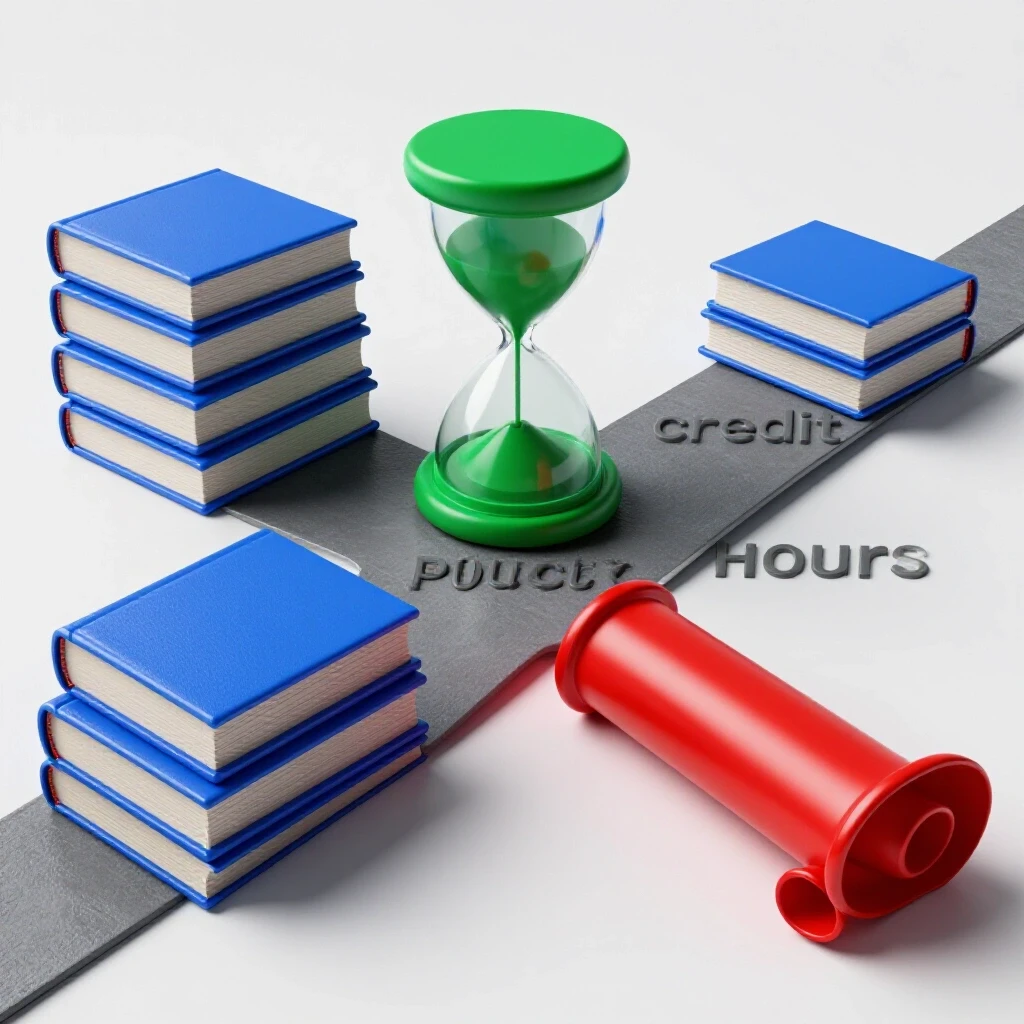 Three striking academic symbols on branching paths—books, an hourglass, and a scroll—each brightly lit and centered on a white background.