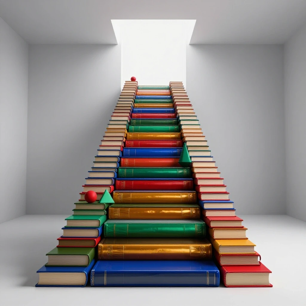Colorful stack of books forming a staircase into a bright sky, with distinct geometric shapes placed on different steps to symbolize academic rank and progression. The scene uses bold colors and striking lighting to create a sense of aspiration.