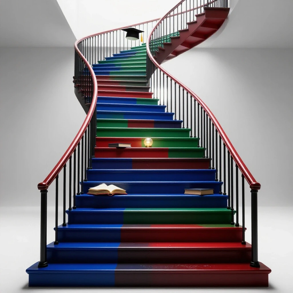 A winding, colorful staircase with books and a graduation cap, transitioning from shadow to bright clarity.