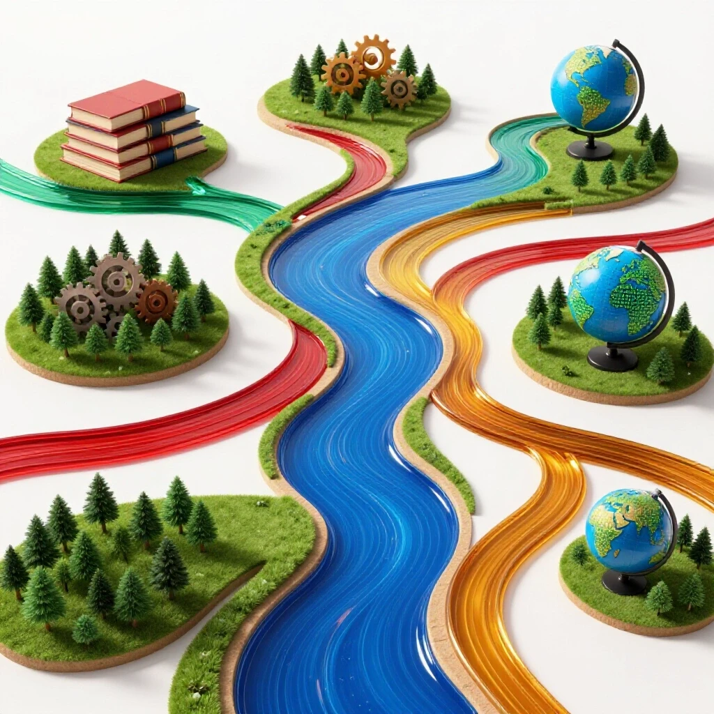 A central glossy river splits into vivid branched streams flowing toward symbolic academic landscapes.