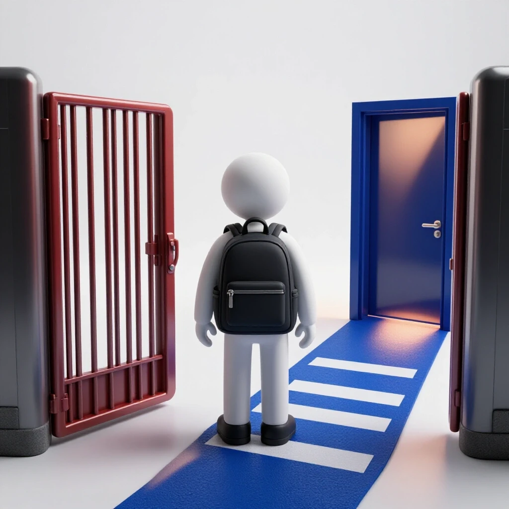 Backpack at a crossroads with a closed crimson gate on one side and a bright blue open door on the other, symbolizing suspension and opportunity.
